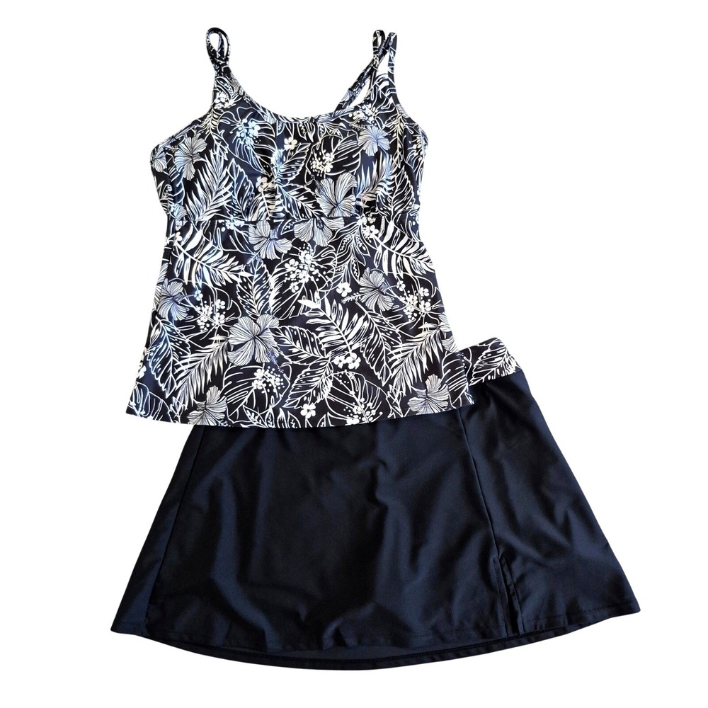 Tempt Me Women Black White Floral Tankini Top and Swim Skirt‎ Set Size XL